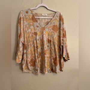 Floral V-Neck Blouse with 3/4 Sleeves